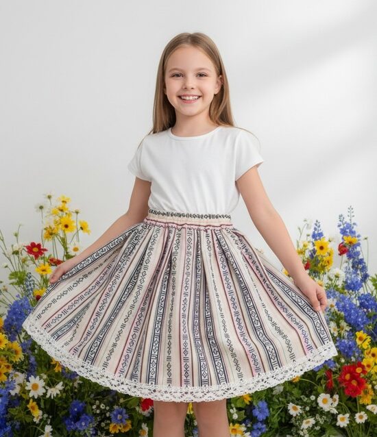 Stilizēti tautiskie svārki bērniem, gaišie ar mežģīni